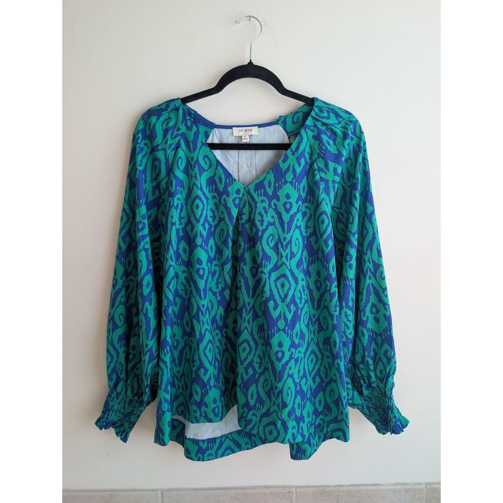 Umgee women's blue green ikat paisley boho blouse flowy cinched long sleeve M